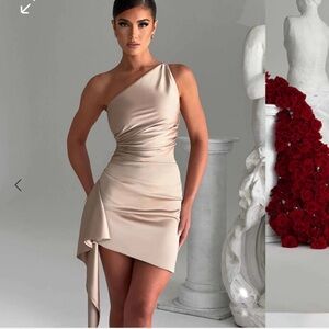 Elegant One-Shoulder Satin Mini Dress in Beige